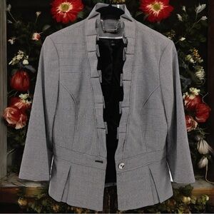 WHBM Micro Check Ruffle Trim 3/4 Sleeve Lightweight Career Blazer Size 6